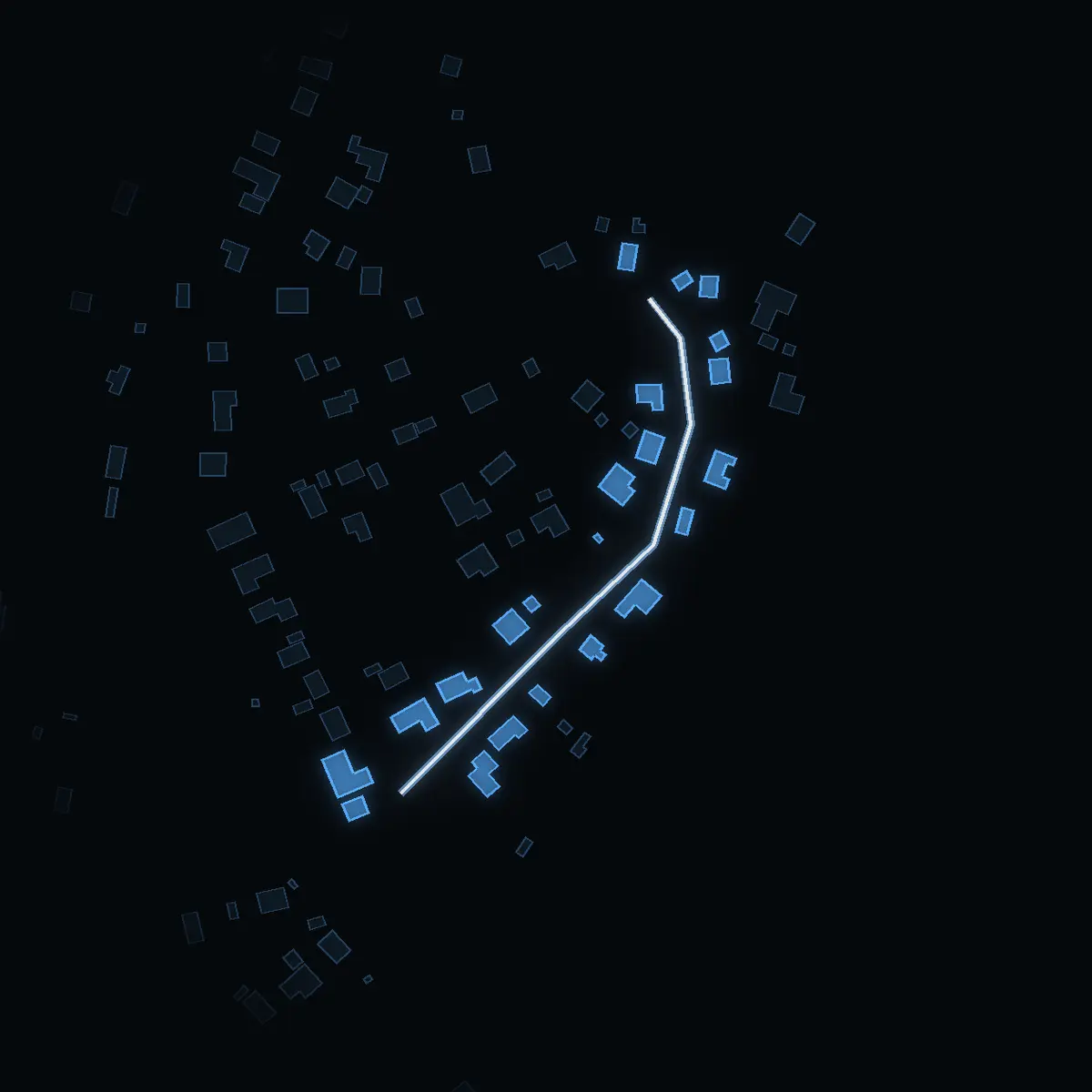 The street at night: Bygdevägen drawn in white, its buildings lit in the colour of their area’s income