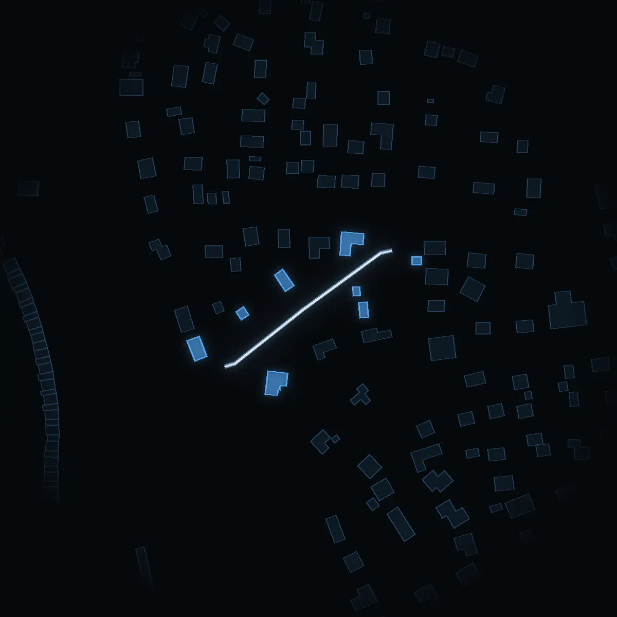 The street at night: Clerks väg drawn in white, its buildings lit in the colour of their area’s income