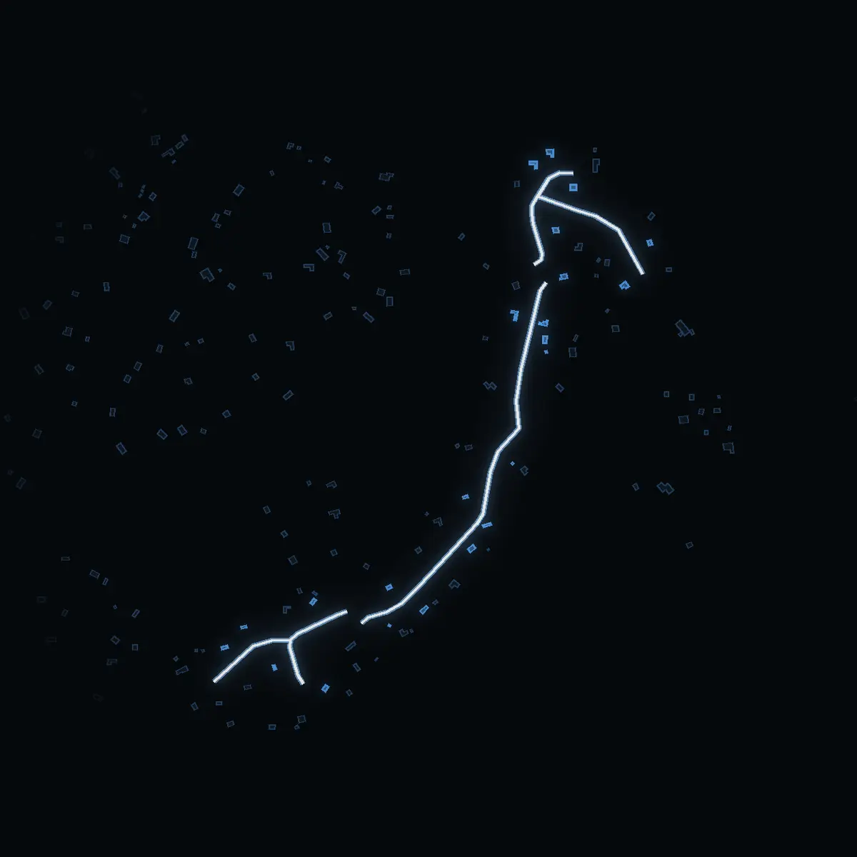 The street at night: Ekbacksvägen drawn in white, its buildings lit in the colour of their area’s income