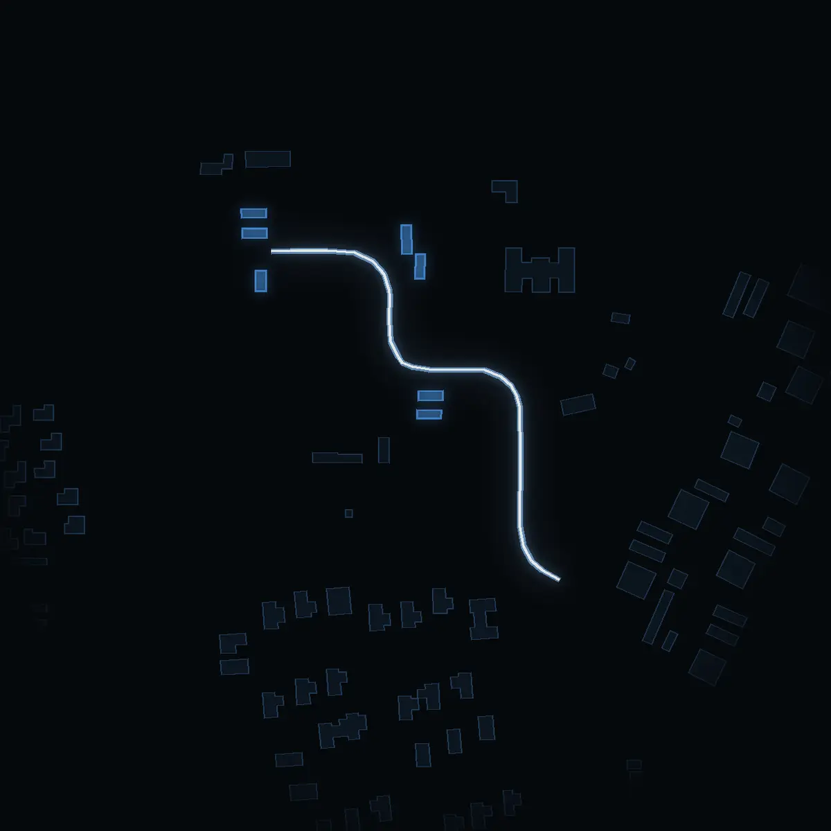 The street at night: Ekebyvägen 11-155 drawn in white, its buildings lit in the colour of their area’s income