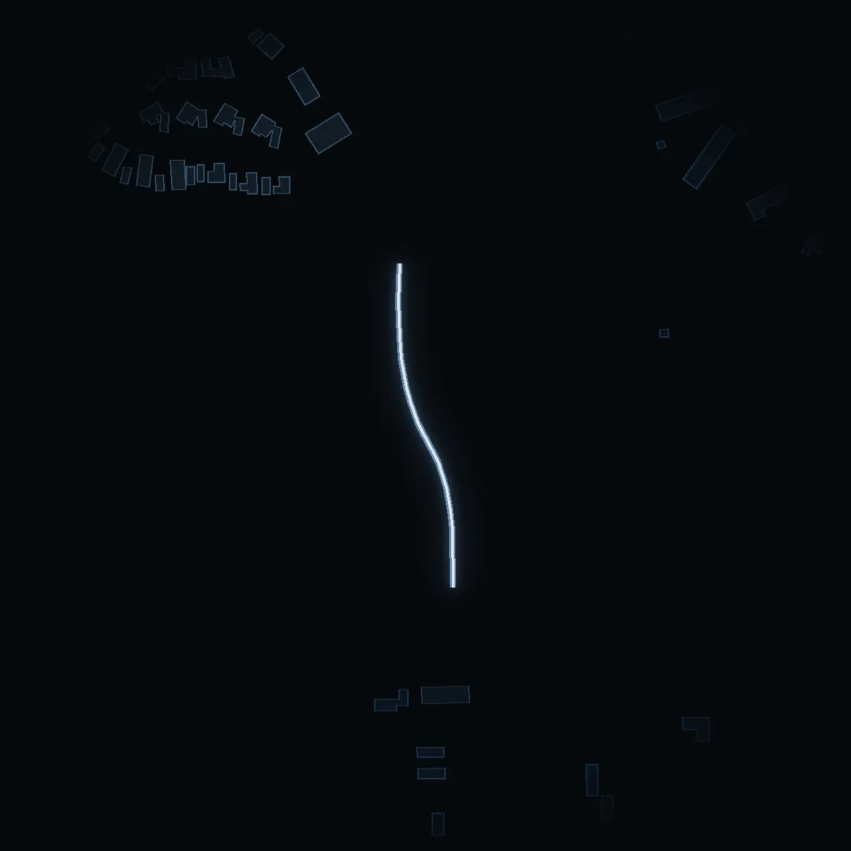 The street at night: Ekebyvägen 203-291 drawn in white, its buildings lit in the colour of their area’s income
