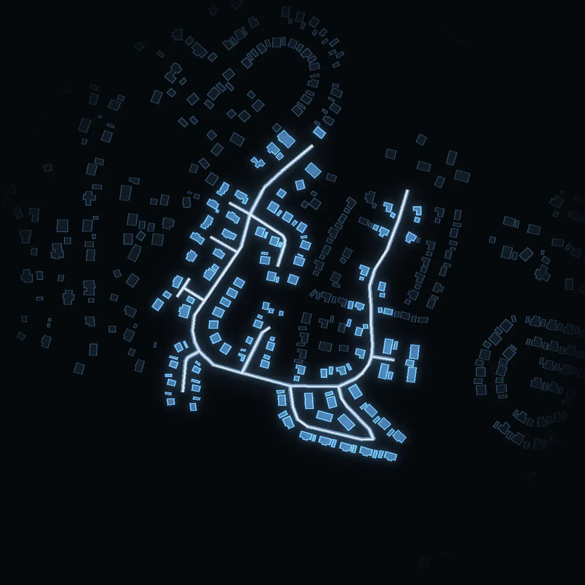 The street at night: Hällmarksvägen drawn in white, its buildings lit in the colour of their area’s income