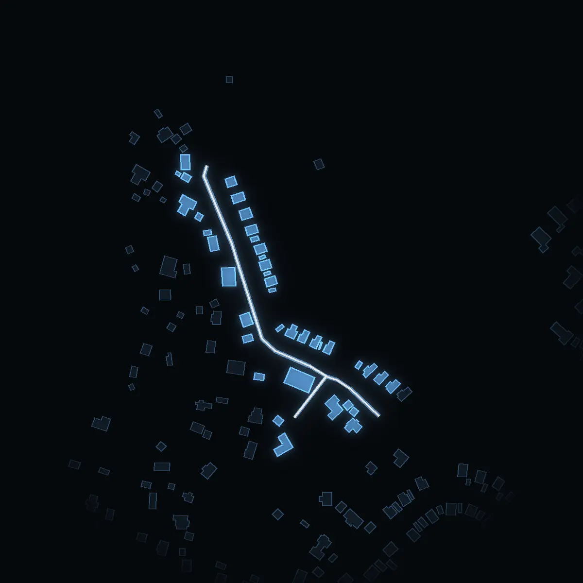 The street at night: Hasseluddsvägen drawn in white, its buildings lit in the colour of their area’s income