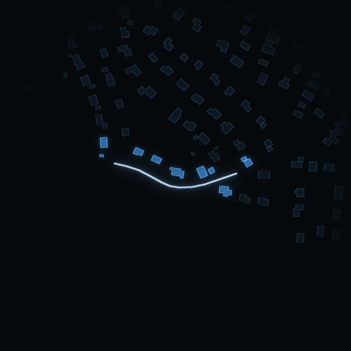 The street at night: Hasselvägen drawn in white, its buildings lit in the colour of their area’s income
