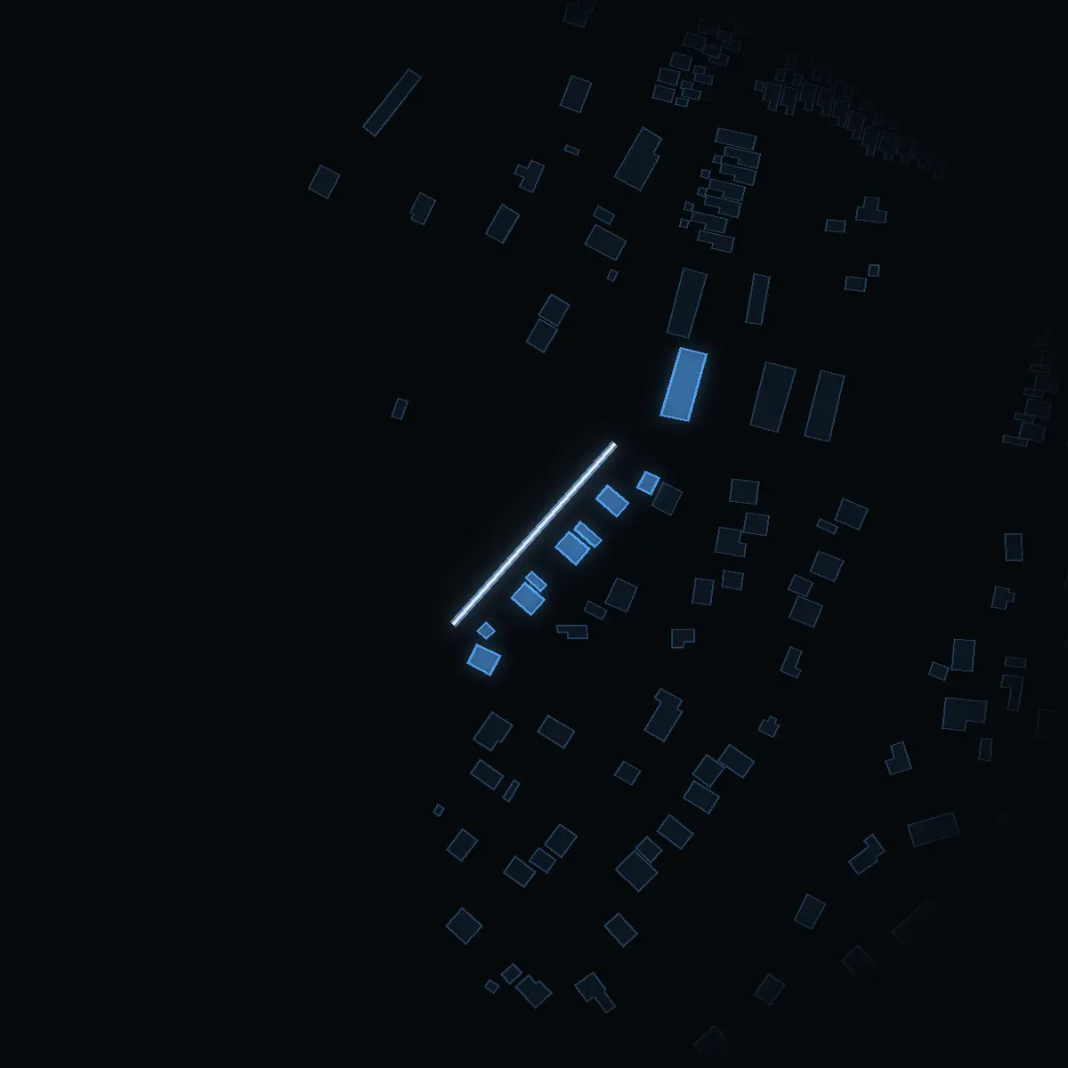 The street at night: Hyacintvägen drawn in white, its buildings lit in the colour of their area’s income