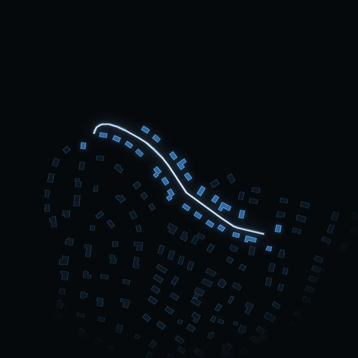 The street at night: Jämtlandsvägen drawn in white, its buildings lit in the colour of their area’s income