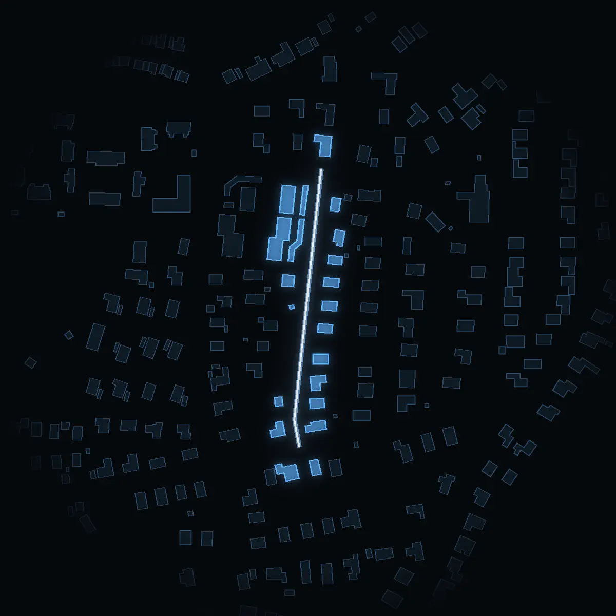 The street at night: Kavallerivägen drawn in white, its buildings lit in the colour of their area’s income