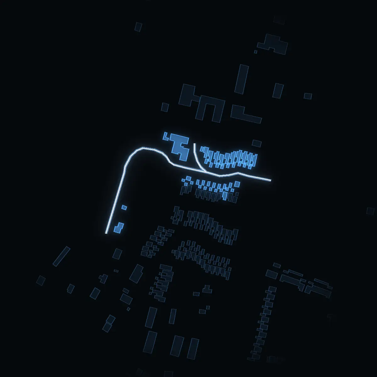 The street at night: Krokusvägen drawn in white, its buildings lit in the colour of their area’s income