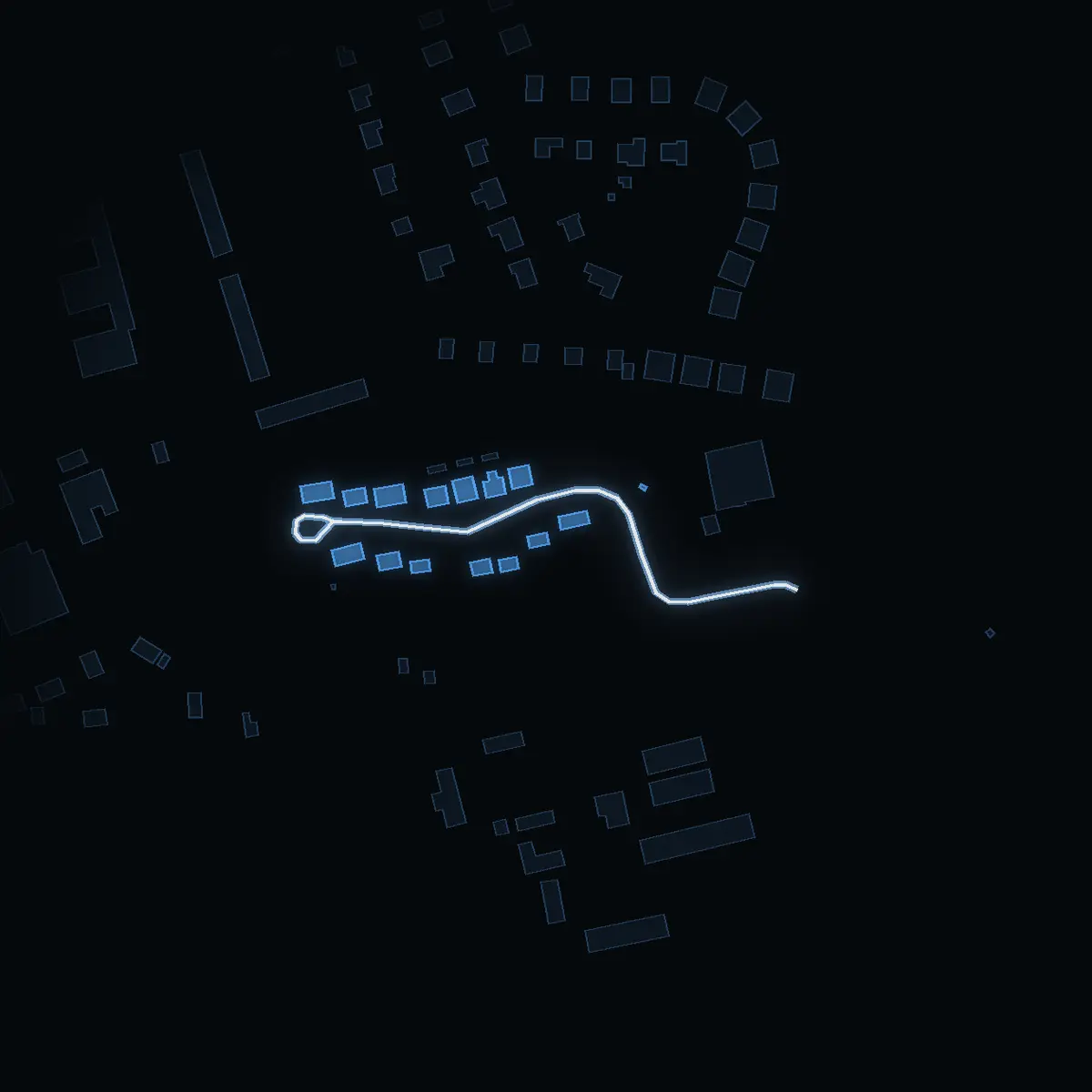 The street at night: Lindgårdsvägen drawn in white, its buildings lit in the colour of their area’s income