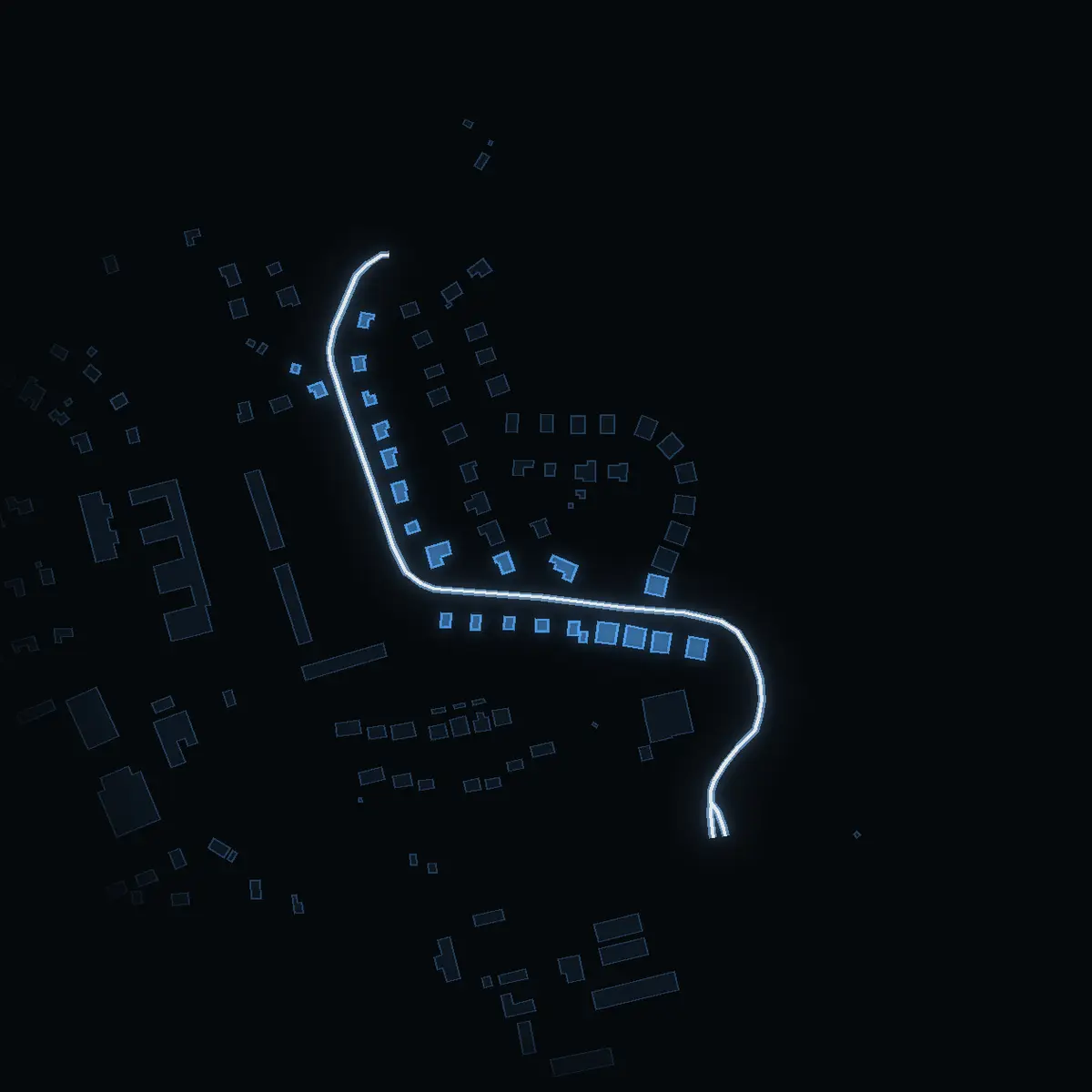 The street at night: Lindvägen drawn in white, its buildings lit in the colour of their area’s income