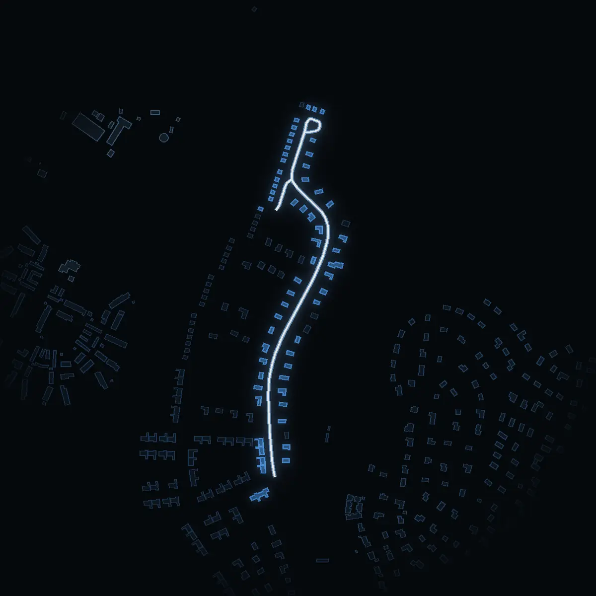 The street at night: Ljungvägen drawn in white, its buildings lit in the colour of their area’s income