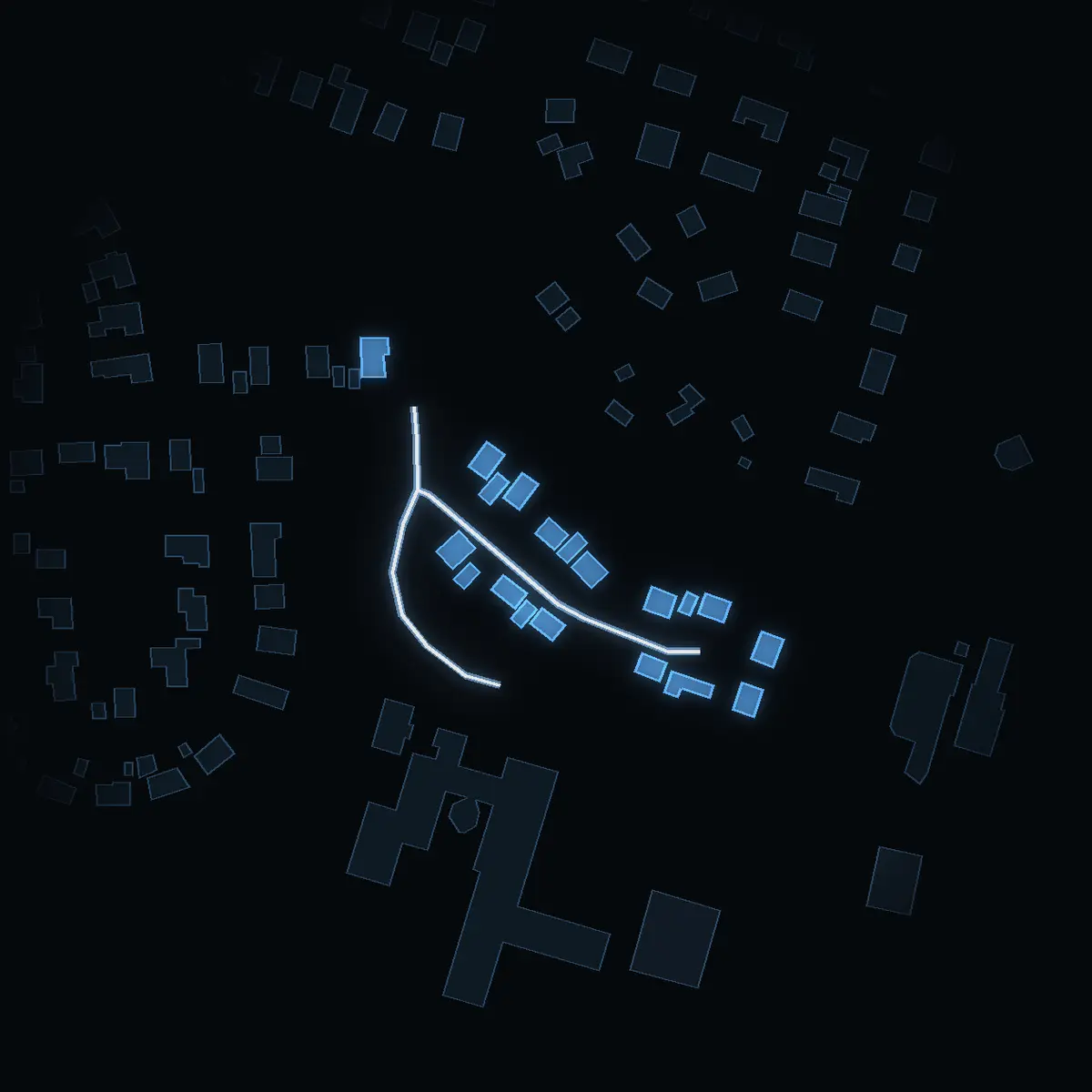The street at night: Lovisedalsvägen drawn in white, its buildings lit in the colour of their area’s income