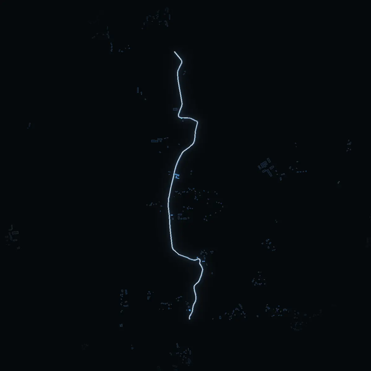 The street at night: Mällösavägen drawn in white, its buildings lit in the colour of their area’s income