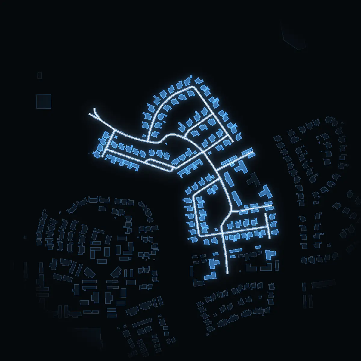 The street at night: Murkelvägen drawn in white, its buildings lit in the colour of their area’s income