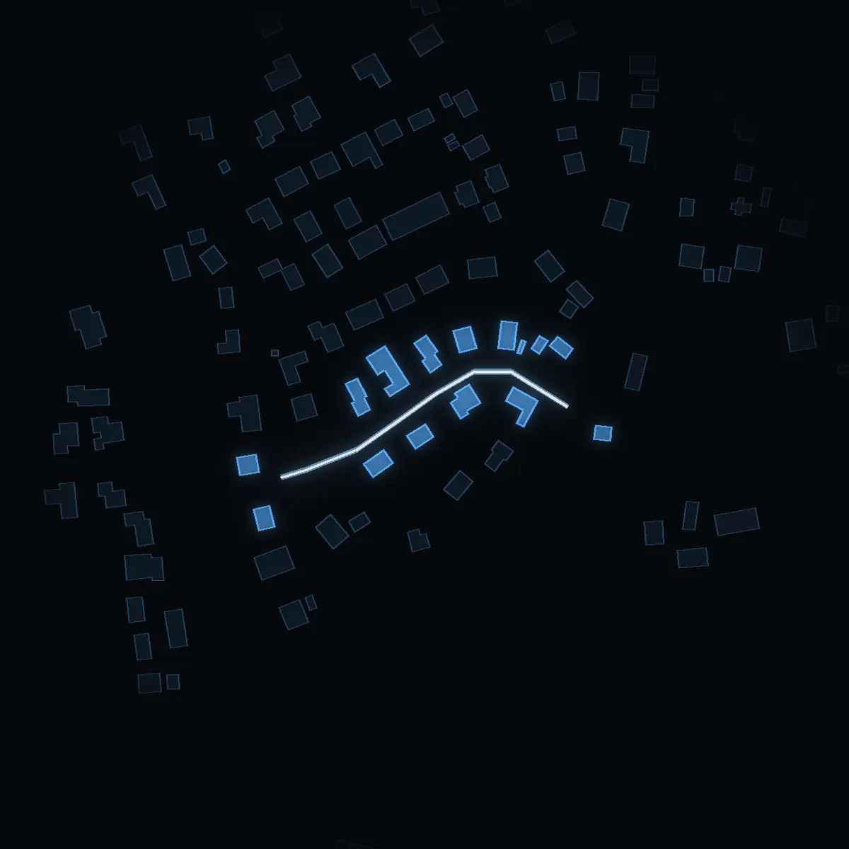 The street at night: Nyhagavägen drawn in white, its buildings lit in the colour of their area’s income