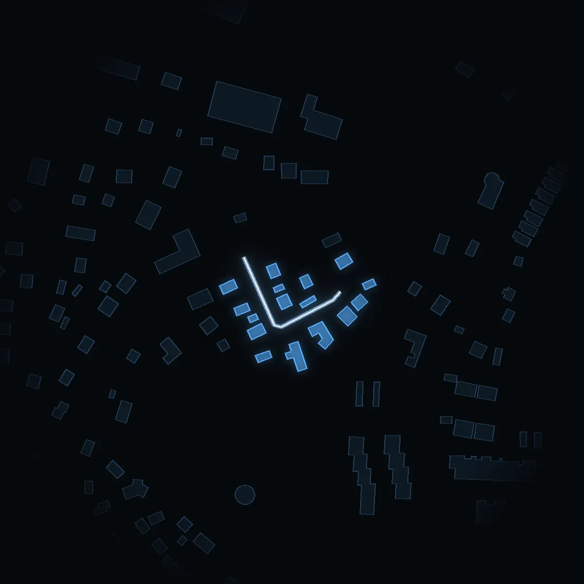 The street at night: Nykrogsvägen drawn in white, its buildings lit in the colour of their area’s income