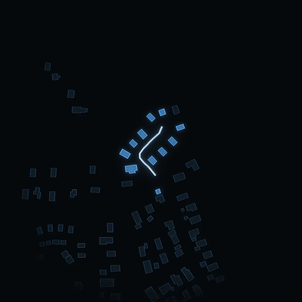 The street at night: Odonvägen drawn in white, its buildings lit in the colour of their area’s income