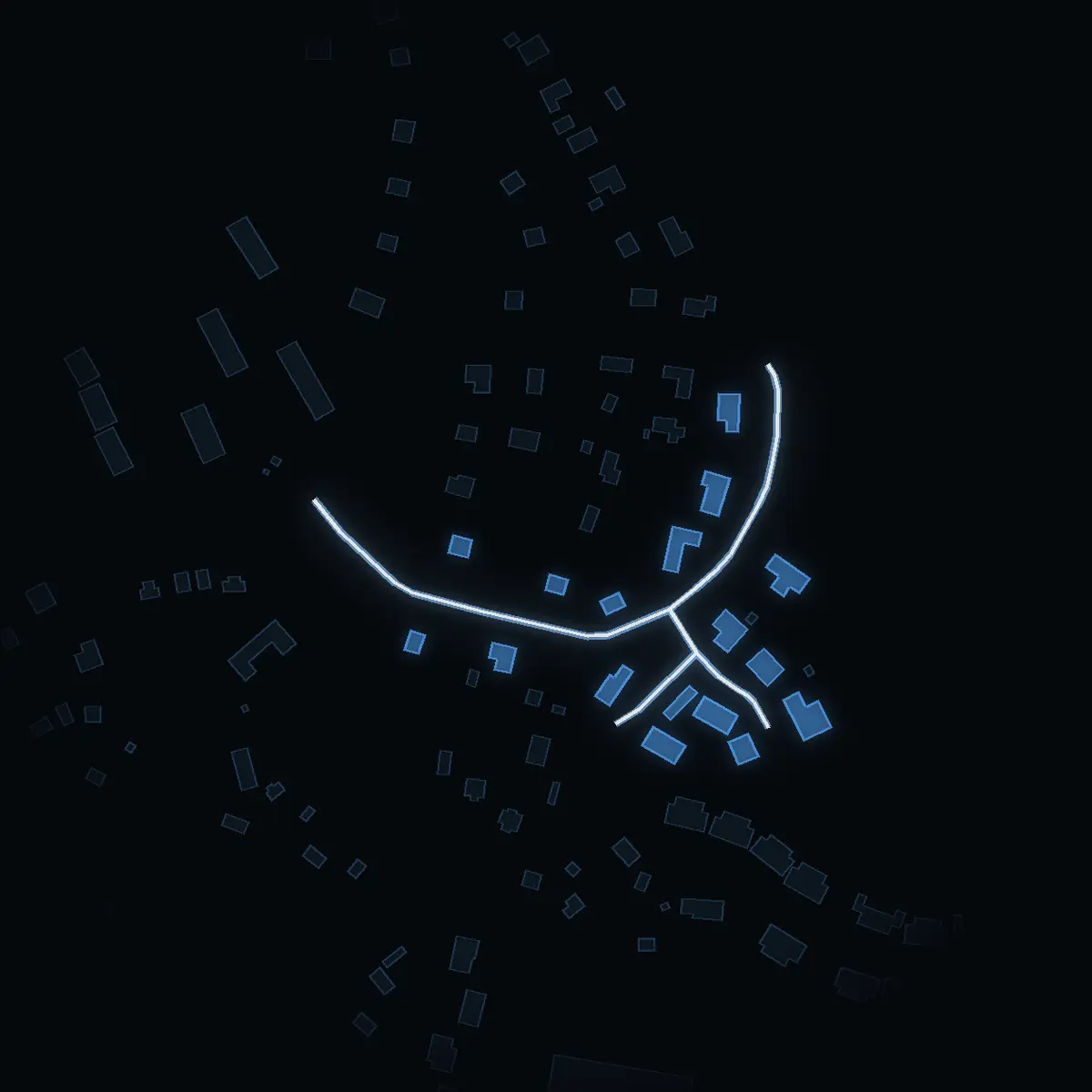 The street at night: Röbytorpsvägen drawn in white, its buildings lit in the colour of their area’s income