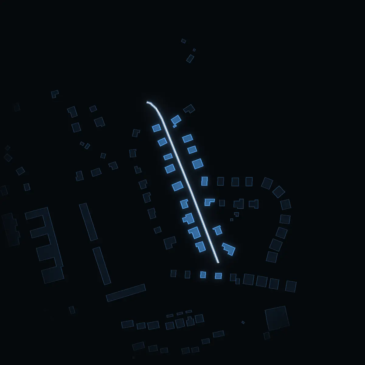 The street at night: Rönnvägen drawn in white, its buildings lit in the colour of their area’s income