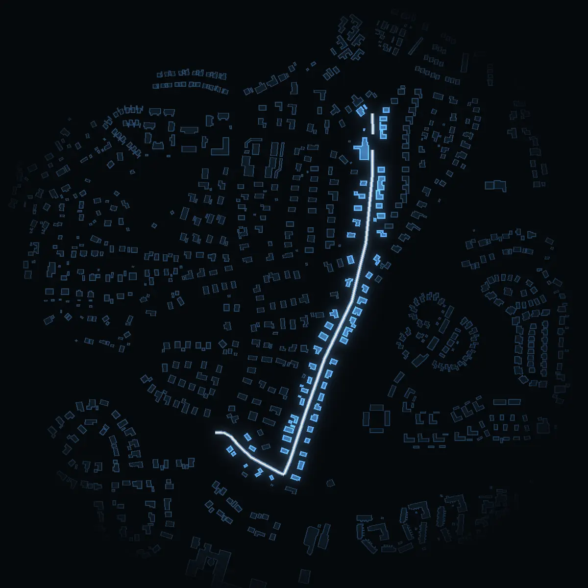 The street at night: Runristarvägen drawn in white, its buildings lit in the colour of their area’s income