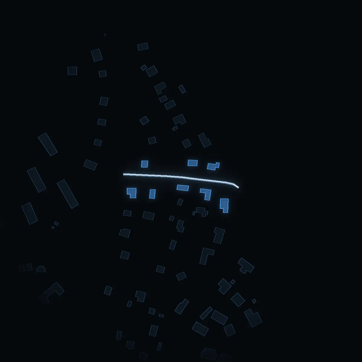 The street at night: Smedstorpsvägen drawn in white, its buildings lit in the colour of their area’s income