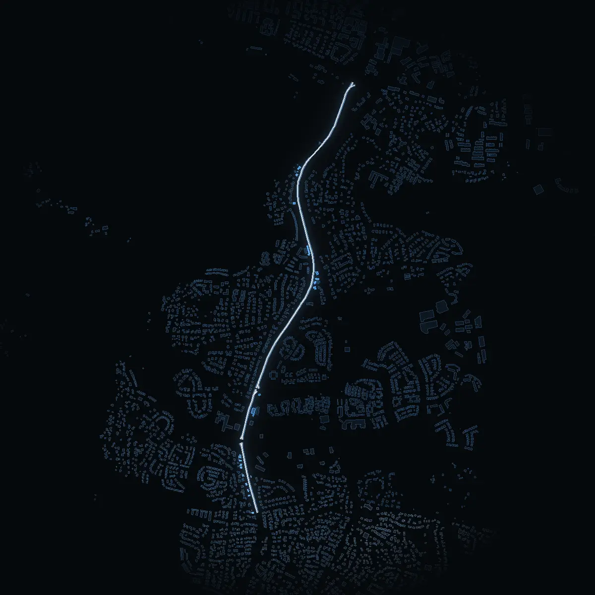 The street at night: Stockholmsvägen drawn in white, its buildings lit in the colour of their area’s income