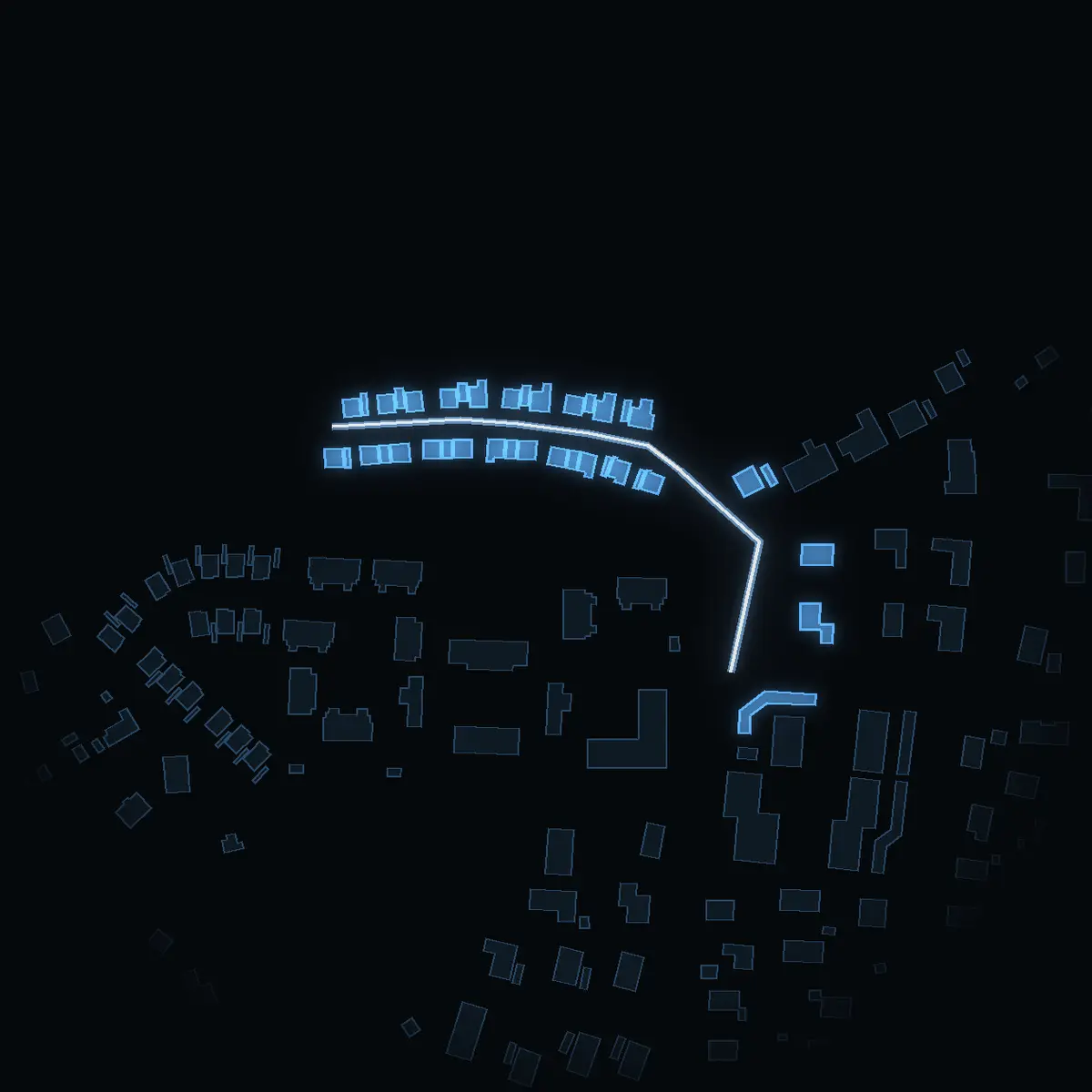 The street at night: Strandängsvägen drawn in white, its buildings lit in the colour of their area’s income