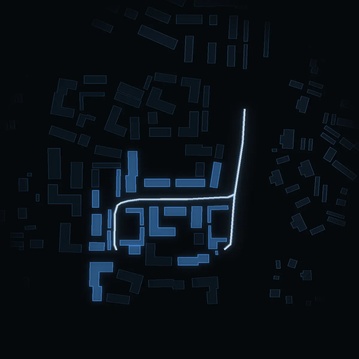 The street at night: Takpannevägen drawn in white, its buildings lit in the colour of their area’s income