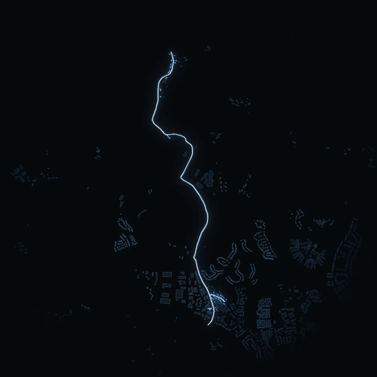 The street at night: Tallhammarsvägen drawn in white, its buildings lit in the colour of their area’s income