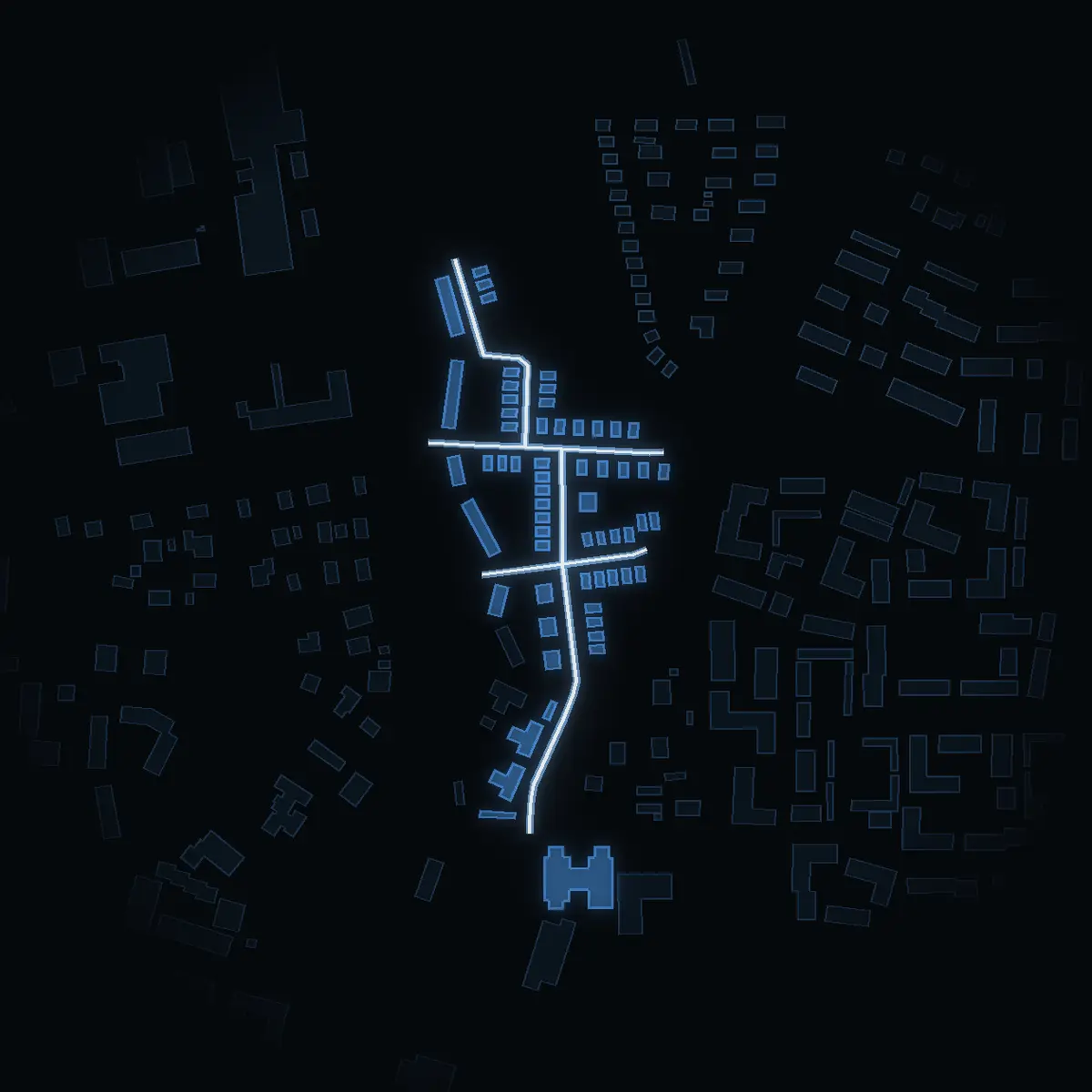 The street at night: Tegelbruksgatan drawn in white, its buildings lit in the colour of their area’s income