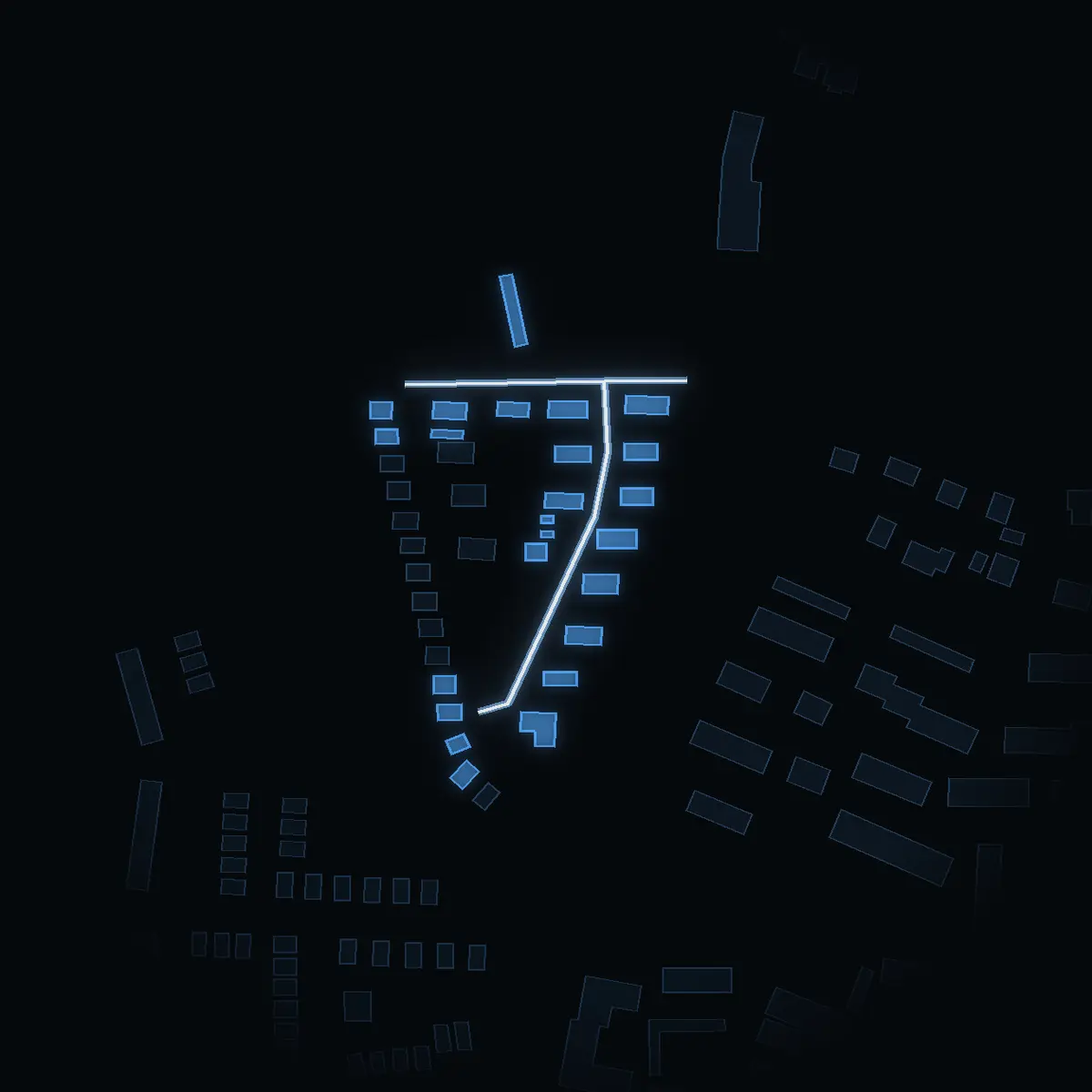 The street at night: Tegelvägen drawn in white, its buildings lit in the colour of their area’s income
