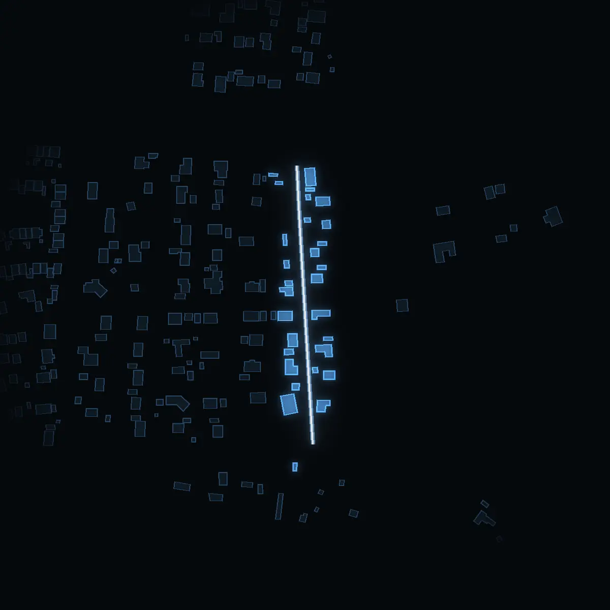 The street at night: Tulevägen drawn in white, its buildings lit in the colour of their area’s income