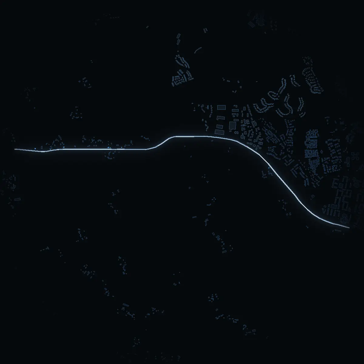 The street at night: Vallentunavägen drawn in white, its buildings lit in the colour of their area’s income