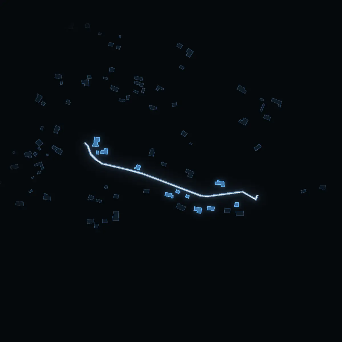 Gatan nattetid: Alrotsvägen inritad i vitt, husen tända i färgen för områdets inkomst