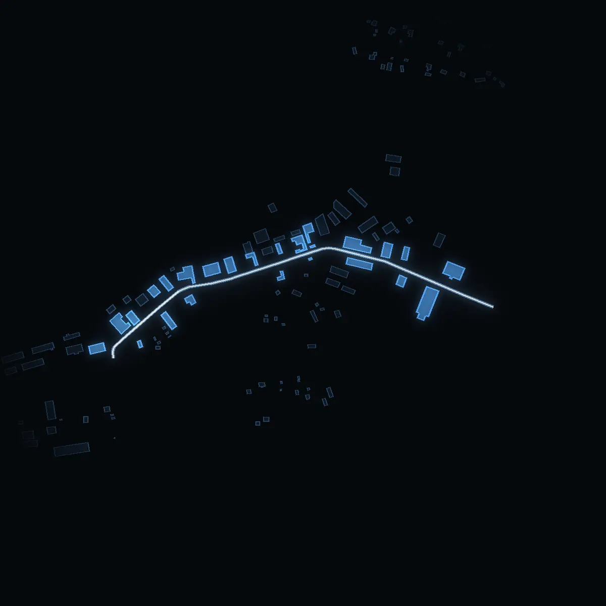 The street at night: Älvsbyvägen drawn in white, its buildings lit in the colour of their area’s income