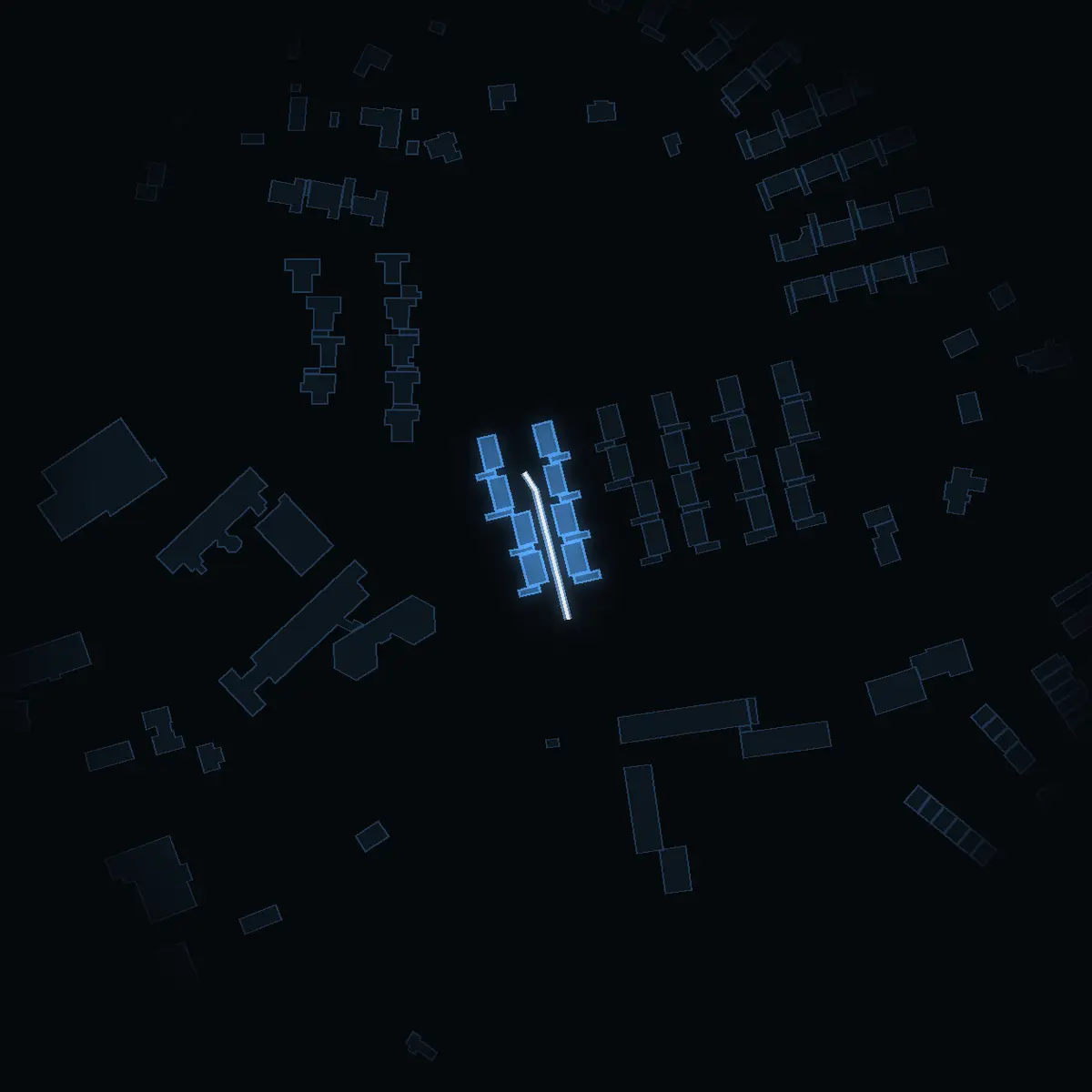 The street at night: Aspvägen drawn in white, its buildings lit in the colour of their area’s income