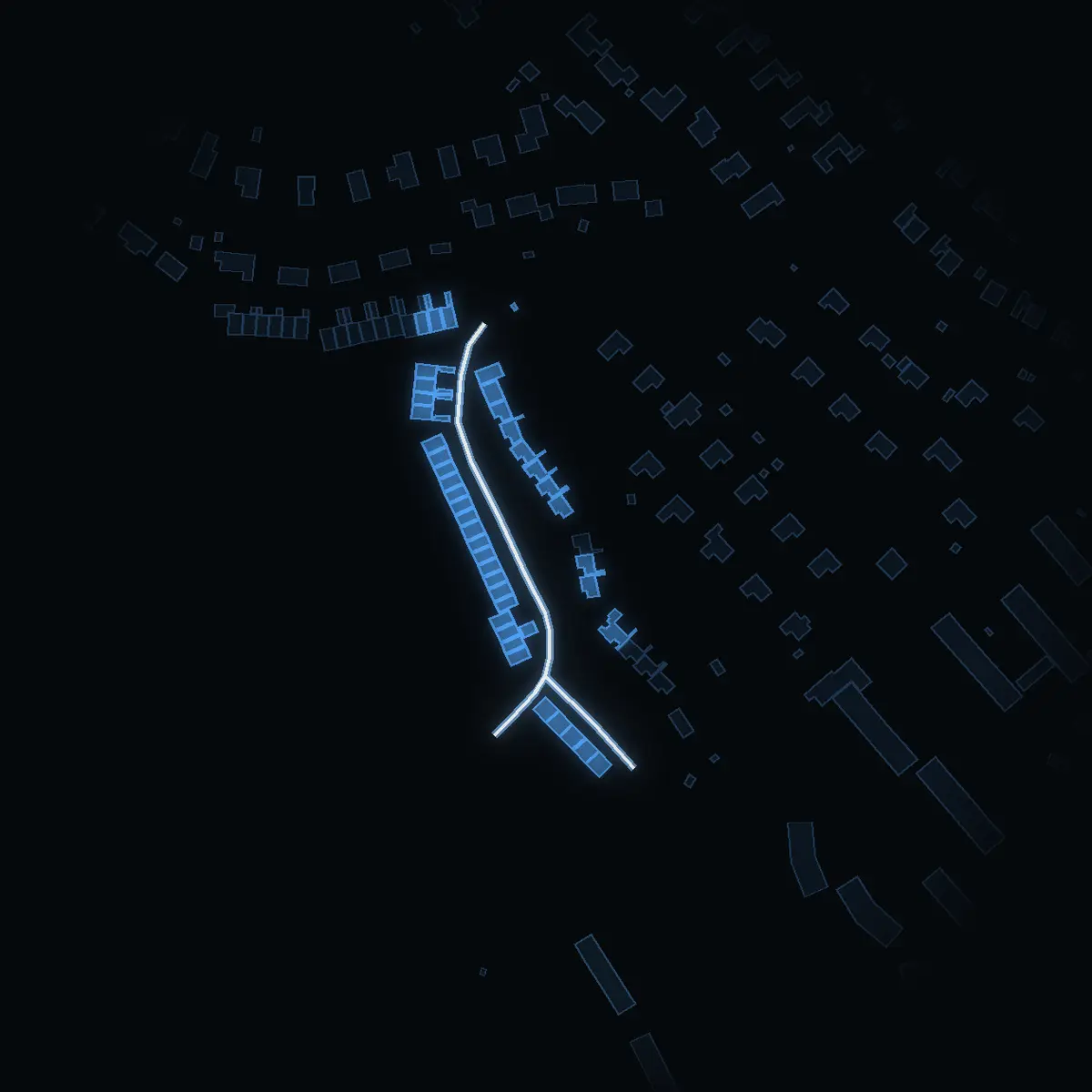 The street at night: Bäckstigen drawn in white, its buildings lit in the colour of their area’s income