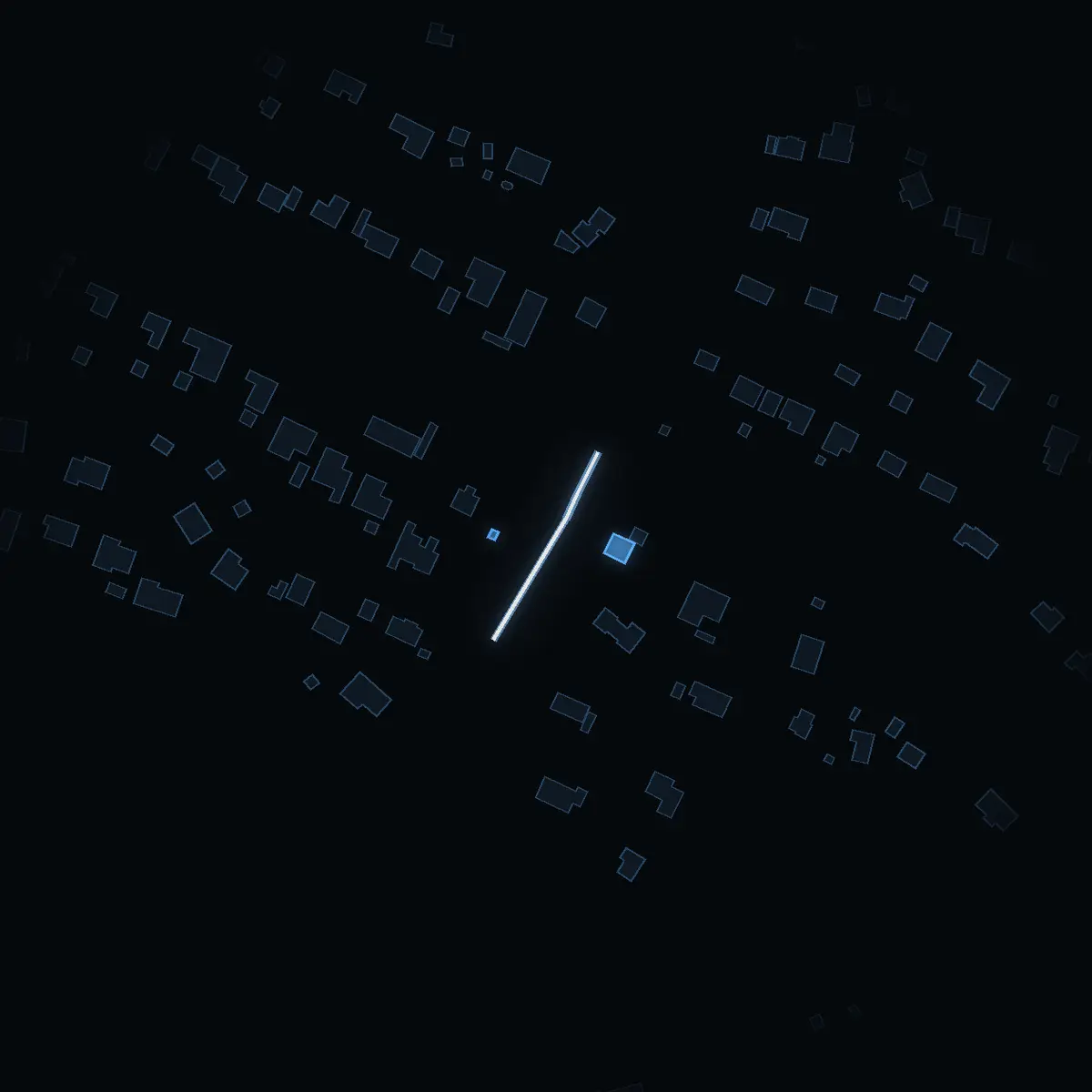 The street at night: Bagerivägen (Ingarö norr) drawn in white, its buildings lit in the colour of their area’s income