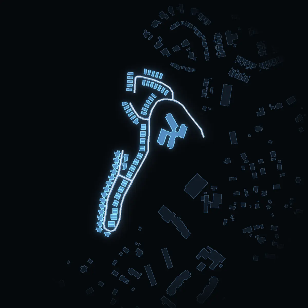 The street at night: Bankir Zethraeus väg drawn in white, its buildings lit in the colour of their area’s income