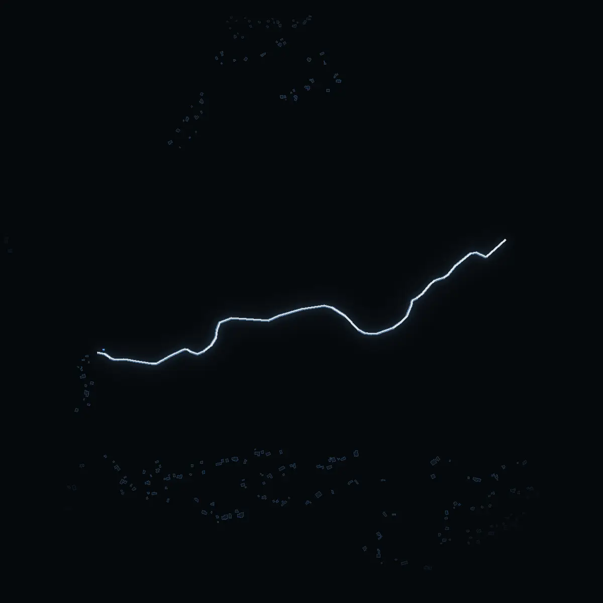 The street at night: Barndalsvägen drawn in white, its buildings lit in the colour of their area’s income