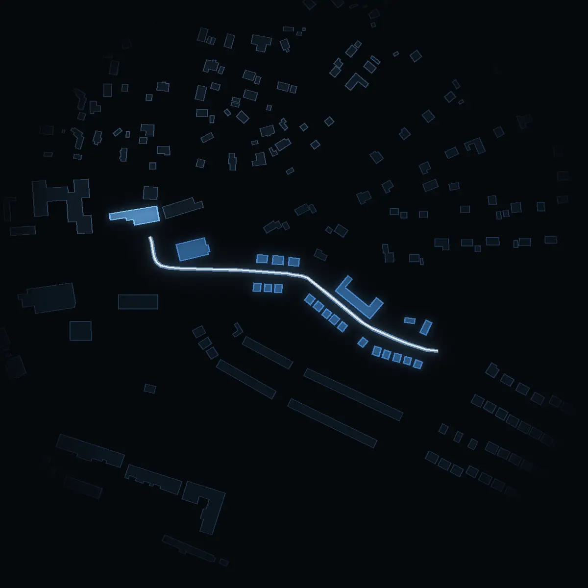 The street at night: Blåsippevägen drawn in white, its buildings lit in the colour of their area’s income