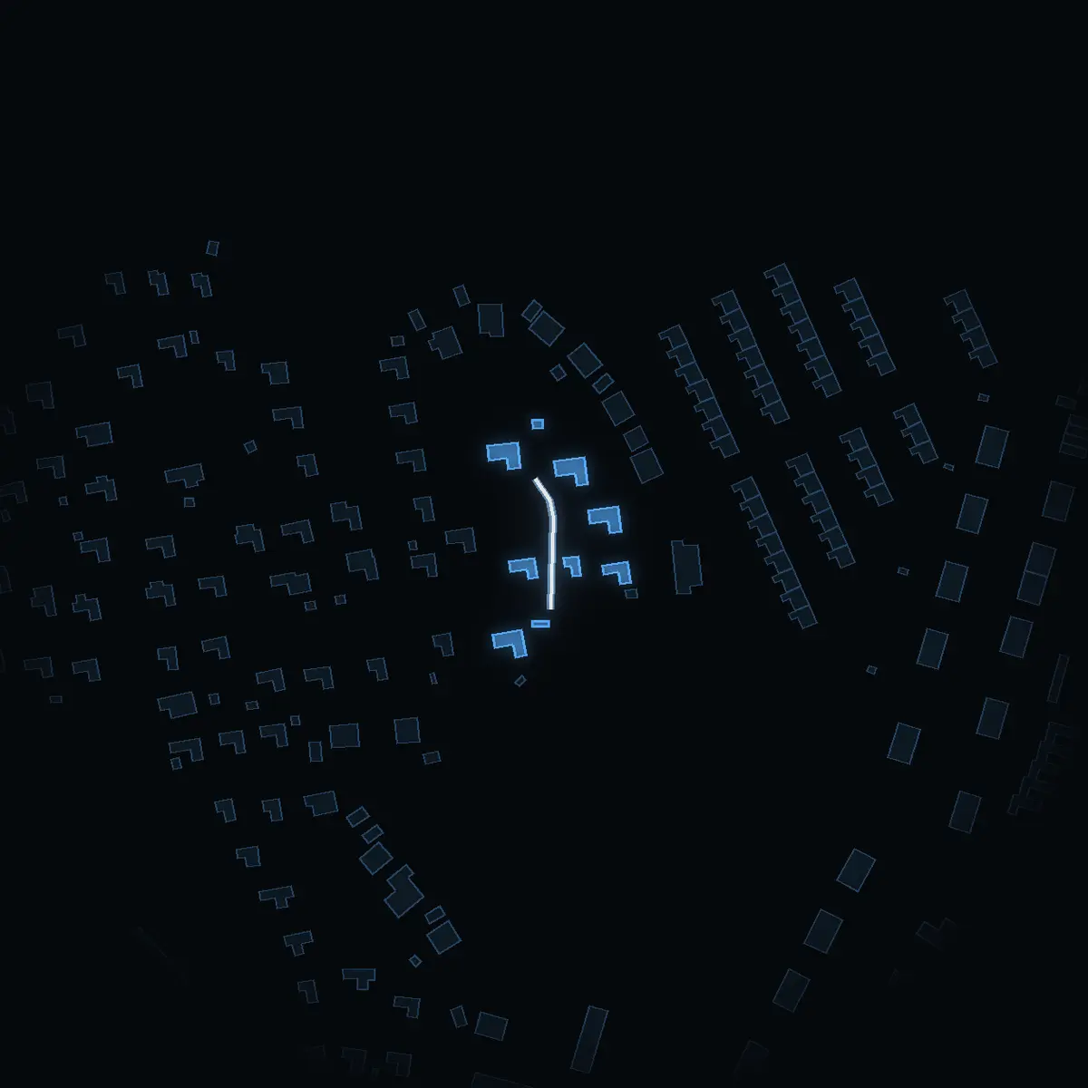 The street at night: Brännarstigen drawn in white, its buildings lit in the colour of their area’s income