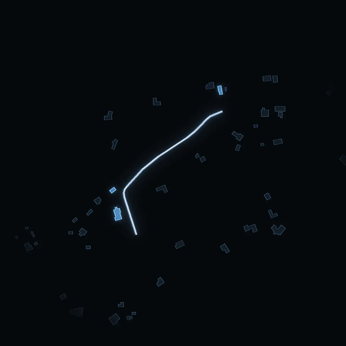 The street at night: Bubbs väg drawn in white, its buildings lit in the colour of their area’s income