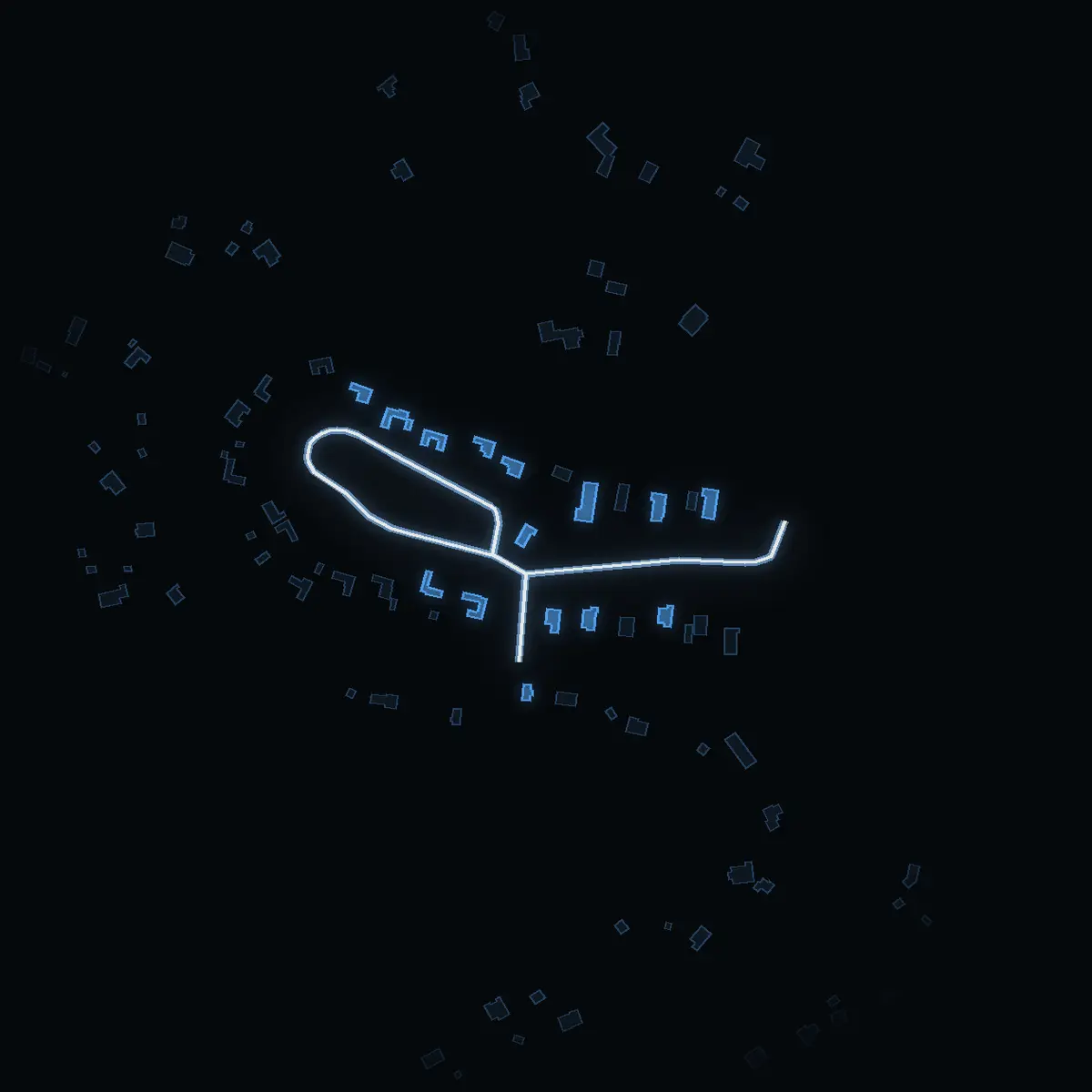The street at night: Byslingan drawn in white, its buildings lit in the colour of their area’s income