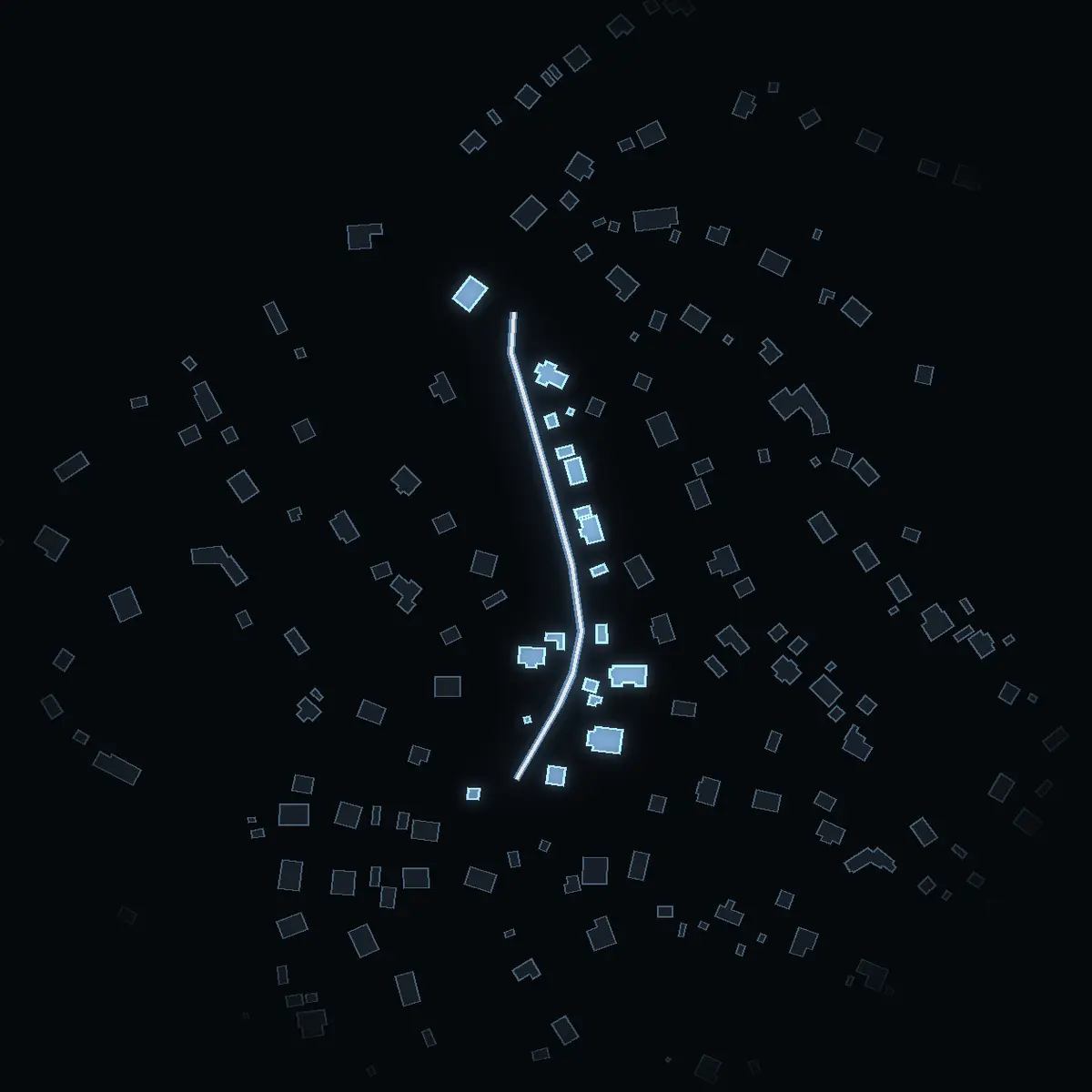 The street at night: Bystavägen drawn in white, its buildings lit in the colour of their area’s income