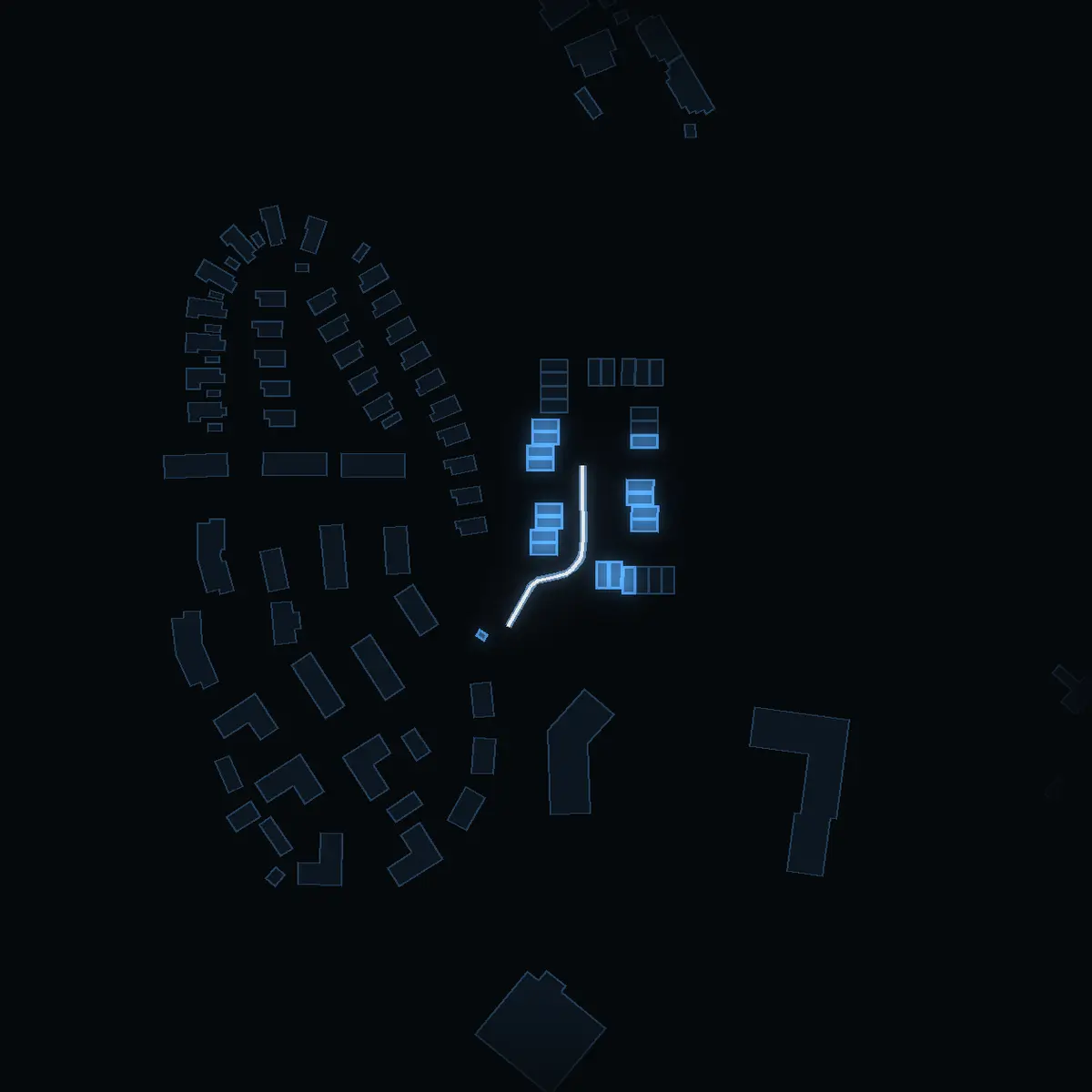 The street at night: Charlottenlundsvägen drawn in white, its buildings lit in the colour of their area’s income