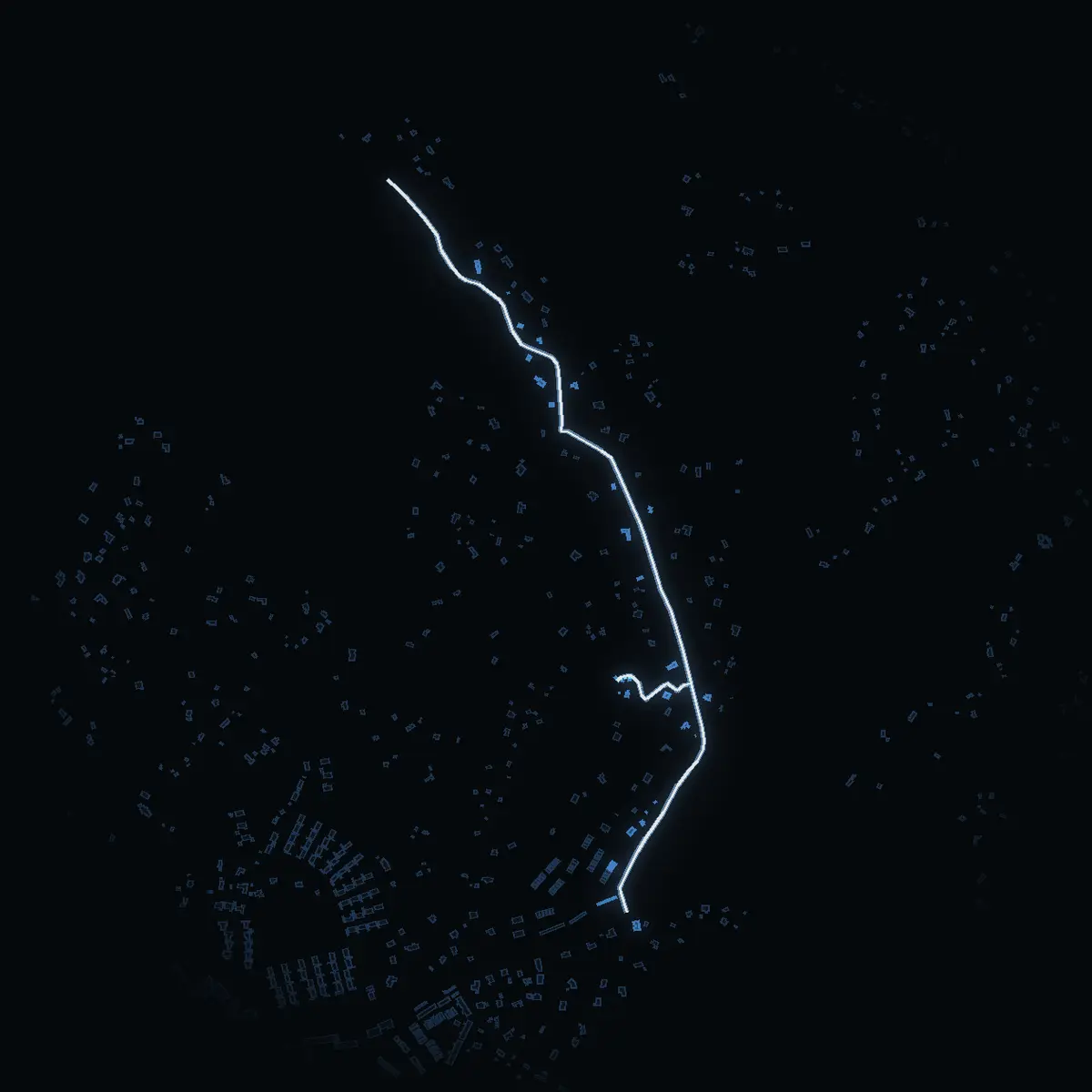 The street at night: Djurö byväg drawn in white, its buildings lit in the colour of their area’s income
