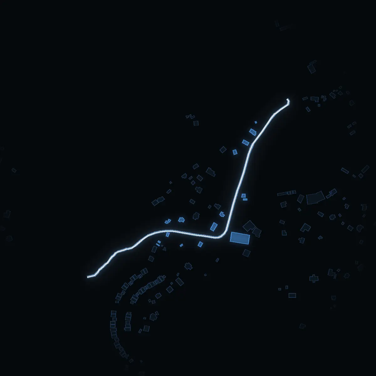 The street at night: Djurö gårds väg drawn in white, its buildings lit in the colour of their area’s income