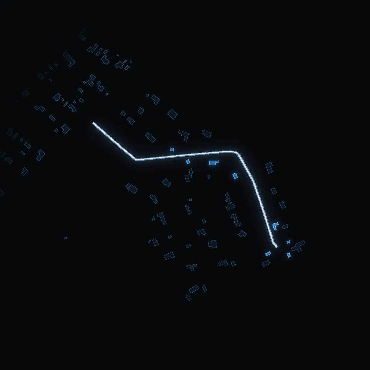 The street at night: Drakövägen drawn in white, its buildings lit in the colour of their area’s income