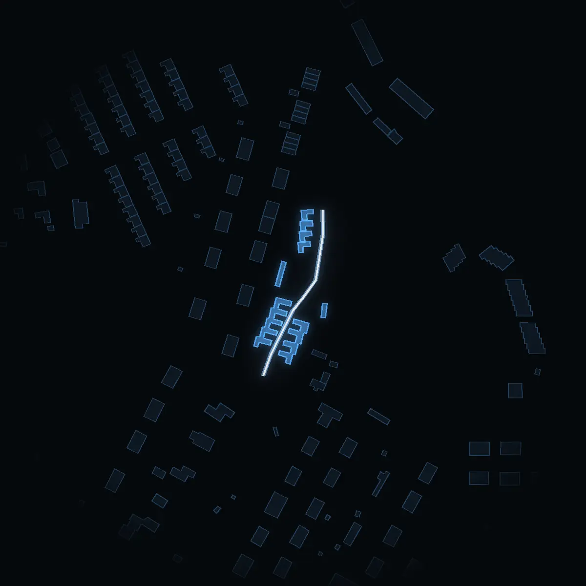 The street at night: Ebbalundsvägen drawn in white, its buildings lit in the colour of their area’s income